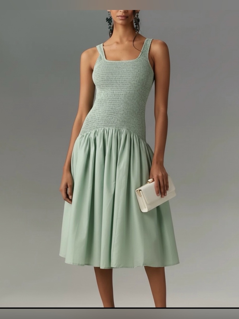 Hutch Sage Green Smocked Midi Dress, drop waist cotton midi dress size medium